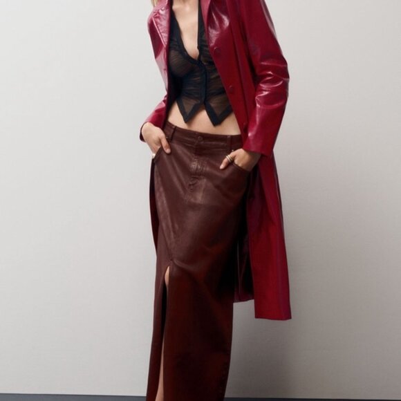 ANTHROPOLOGIE PILCRO The Madi Front-Slit Denim Coated Brick Red Wine 2 - Picture 5 of 5